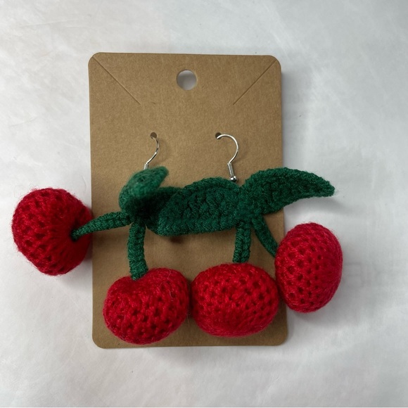 Jewelry - Cherry Red Fruit Crochet Boho Bohemian Festival Hippie J Hook Earrings Red Gold